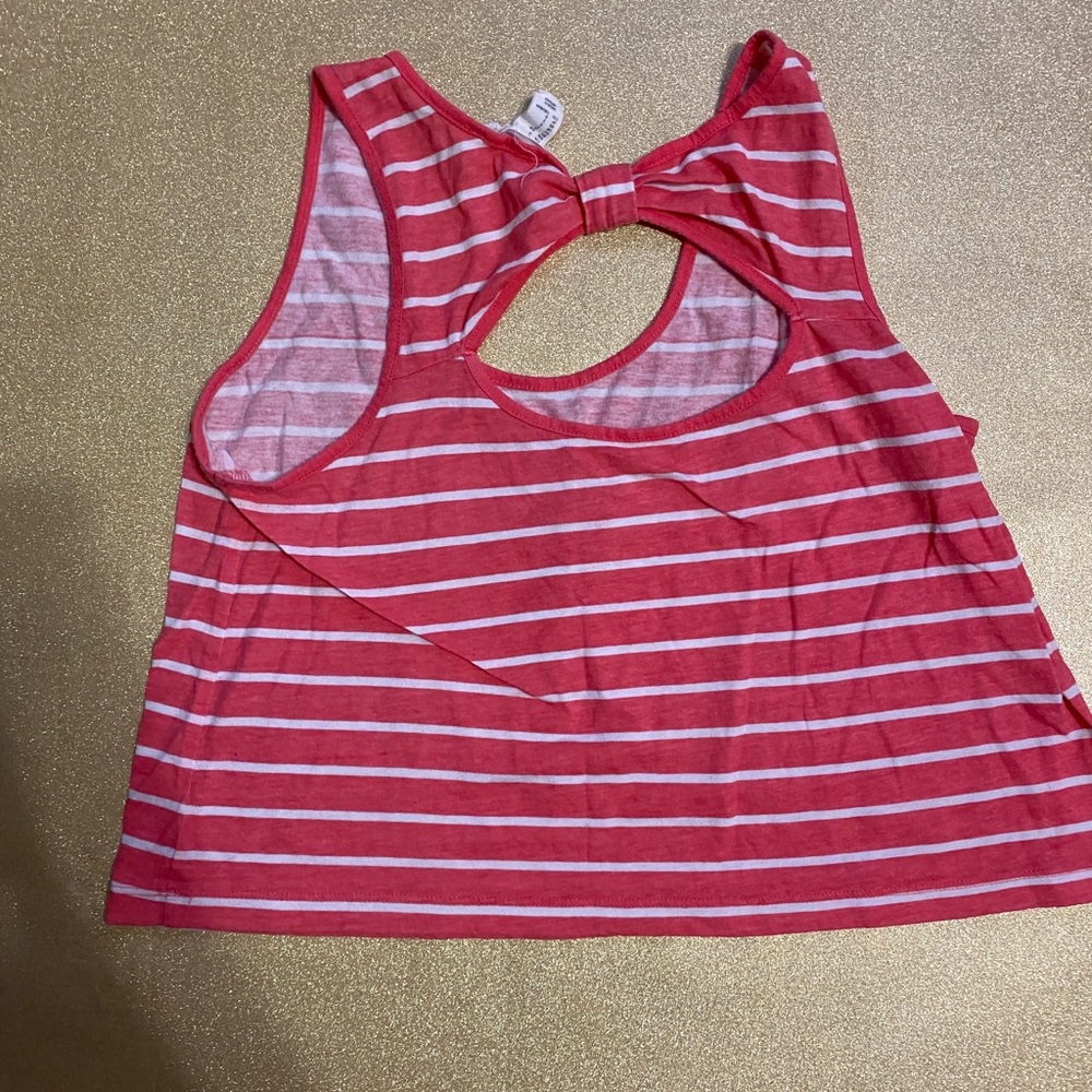 White & Pink Striped Cropped Tank Top With Bow Detailing In The Back